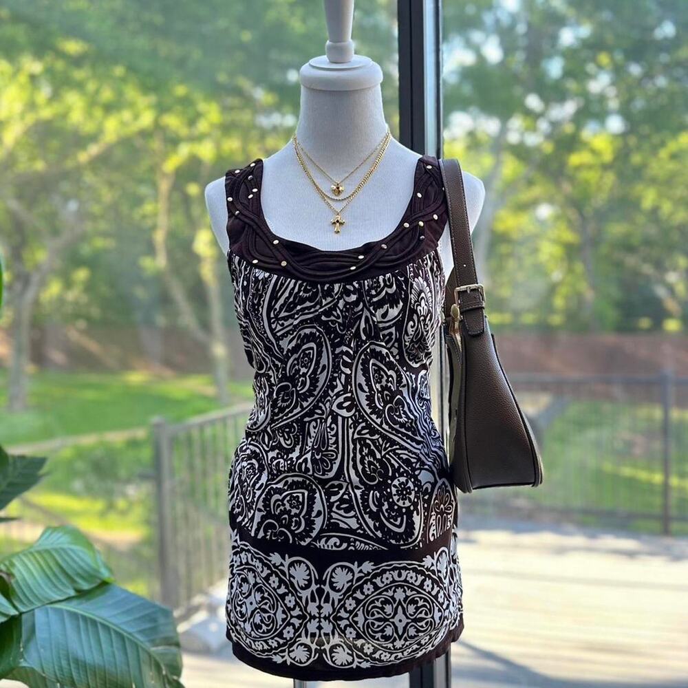 Y2K Heart Soul Brown Paisley Studded Tank Top